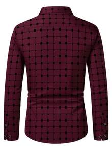 Men's Fashionable Casual Plaid Print Long Sleeve Dress Shirt - Burgundy - View 3