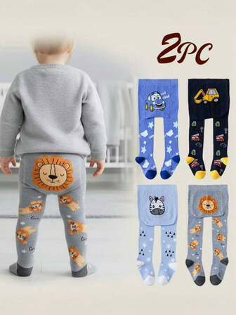 2 Packs Kids Boys' Butt Warmers Tightsy Tight Knit Leggings Autumn Winter Thermal Soft Pantyhose,With Car And Animal Design Pants