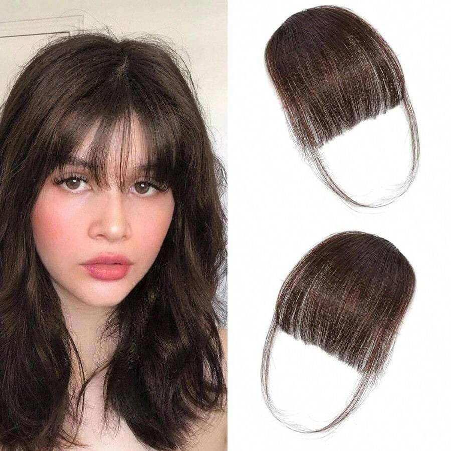 Clip - In Hair Bangs Extensions, With Clips Airy French And Bangs Hair With Temple Coverage Women Curved Bangs Easy To Style Daily Wear Red, French Bangs - 深棕色+稀疏瀏海 - 查看 1