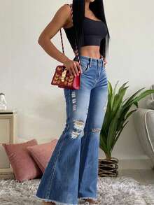 Women's Mid-Raise Stretch Slim Fit Ripped Raw Hem Flared Jeans - Medium Wash - View 5