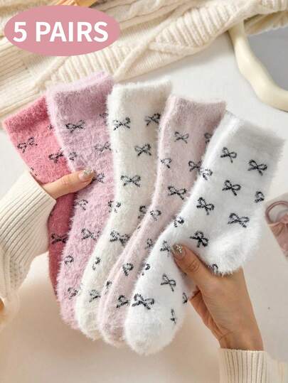 1/5 paires de chaussettes mi-mollet en couleur unie avec nœud papillon, en fausse fourrure épaisse et douce, polyvalentes et douces. Chaussettes mi-mollet pour femmes, chaussettes mi-mollet chaudes, style femme, automne/hiver, 5 options de couleurs