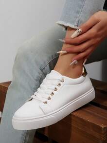 Sport Shoelace Metal Air Hole Home UseWomen's Fashion Casual Sneakers - Breathable & Comfortable, Low-Top Lace-Up Running Shoes With Striped Design, Versatile For All Seasons, Available In White/Green, Light Pink/Blue, Black/White, And Dark Blue/Blackbasket Femmechaussure Femmebaskets Femmes - White - View 17