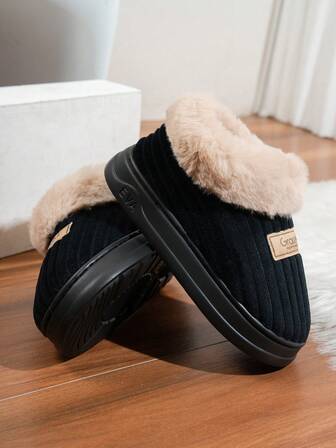 秋冬时尚条纹纯色一脚蹬室内拖鞋，厚底露背户外拖鞋