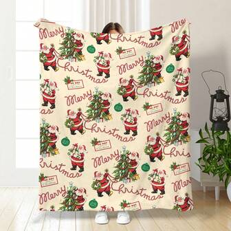 1pc Contemporary Flannel Christmas Santa Claus Popular Design Blanket - Comfortable Warm Digital Printed Knitted Throw Blanket, Suitable For Napping, Sofa, Office, Camping, Multipurpose Gift, All Seasons