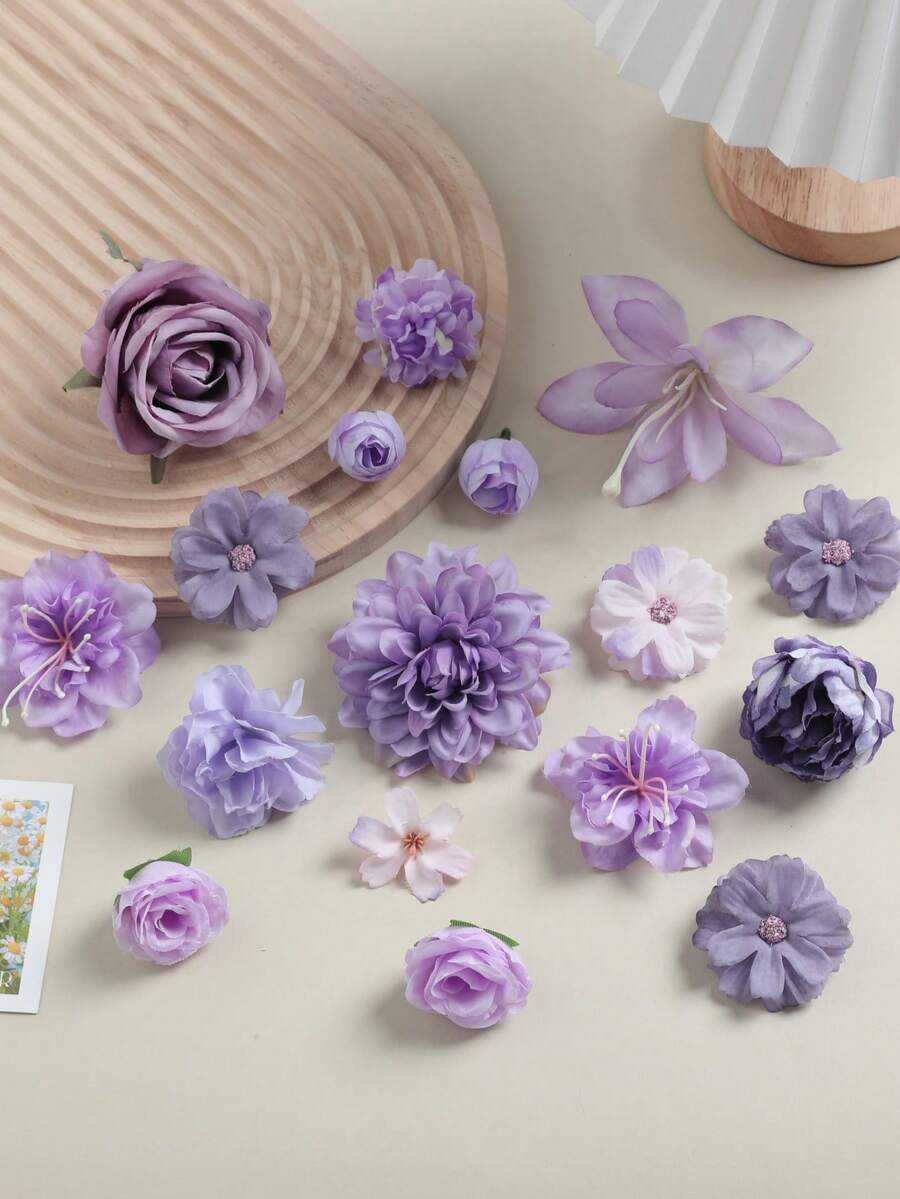 48 Pieces Of Mixed-Color Artificial Imitation Flowers, Including Artificial Roses, Peonies, Daisies, Etc. Suitable For Wedding/House Decoration, Flower Wreaths/Hats, Floral Embellishments, And Center Decorations On Tables. - Purple Series - View 1
