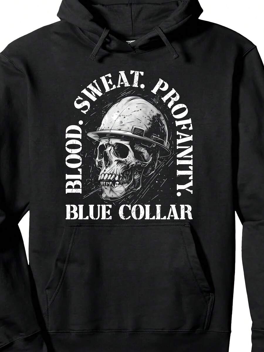 Blood Sweat Profanity Construction Worker Skull Blue Collar Pullover Hoodie - 款式2 - 查看 1