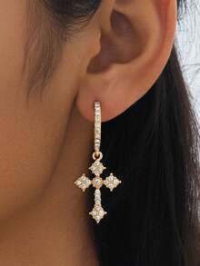 1 par de pendientes con colgante de cruz de rhinestone, diseño único adecuado para mujeres
