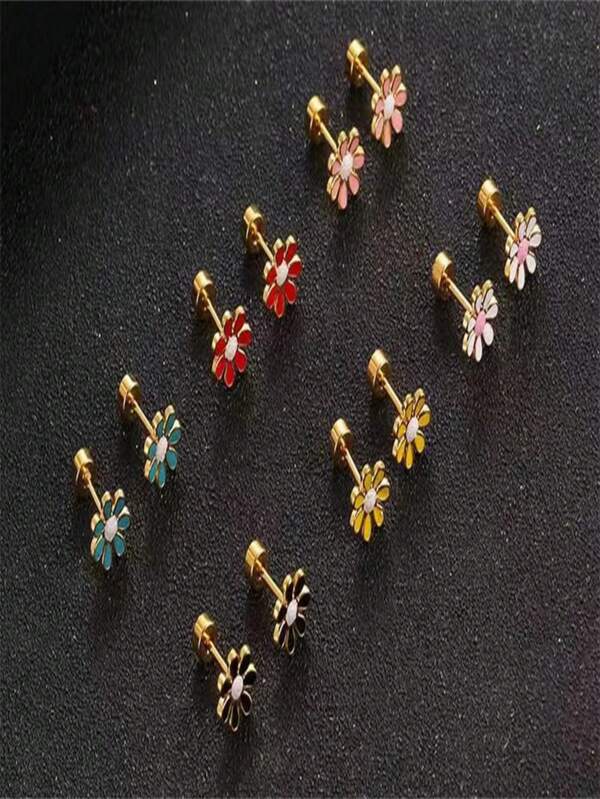 2pcs Colorful Cute Flower Stud Earrings, 18K Gold Plated Quality Earrings & Cartilage Earrings