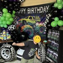 118pcs Monster Truck Theme Purple And Green Black Balloon Garland Arch Kit With Big Wheels Checkered Foil Balloons For Kids Truck Race Car Birthday Jam Party Decorations Monster Truck Party Supplies - Multicolor - View 4