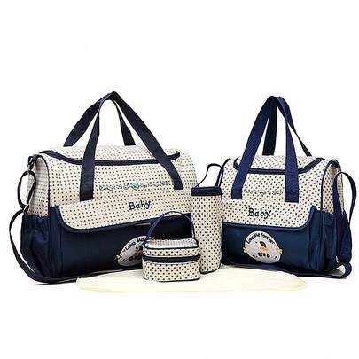 5pcs/Set Fashionable Embroidered Bear Mom Bag Set, Large Capacity Multi-Function Shoulder Messenger Mother & Baby Diaper Bag