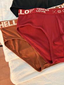 3pcs/Set Random Color Men's Solid Color Briefs With HELLO Waistband, Suitable For Home, Daily, Sports, Casual Wear - Multicolor - View 5