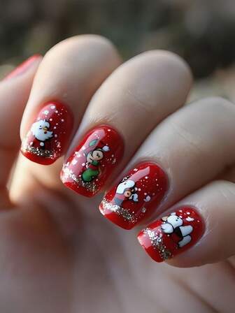24pcs Of The New Christmas Limited Edition Detachable Artificial Nails, With A Classic Red Base Color And Glitter Pink, Incorporate Cute Elements Such As Santa Claus And Elves, Exuding A Full American Holiday Atmosphere