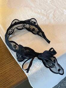 1件装女士白色蕾丝蝴蝶结发箍，甜美可爱波西米亚风，黑色大气时尚发饰，发带，化妆，发箍，发饰，女士头饰 - 白色 - 查看 4