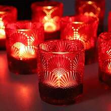 Red Votive Candle Holders Set Of 12 For Boho Wedding & Christmas & Valentines Day, Ginkgo Leaves Design Tealight Holder, Glass Tea Lights Holder - As Pic - View 2