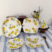1 Or 2 Pcs Yellow Lemon Pattern Ceramic Dinnerware Set, Including Rice Bowl, Cereal Bowl, Fruit Bowl, Salad Plate, Steak Plate, Large Capacity Cup, Milk Cup, Microwave & Dishwasher