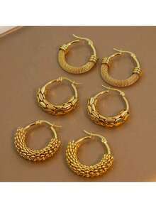 6pcs Fashionable Bestselling Mesh Wrapped Hoop Earrings, New Chinese Style Stainless Steel Woven Circle Earrings, Elegant