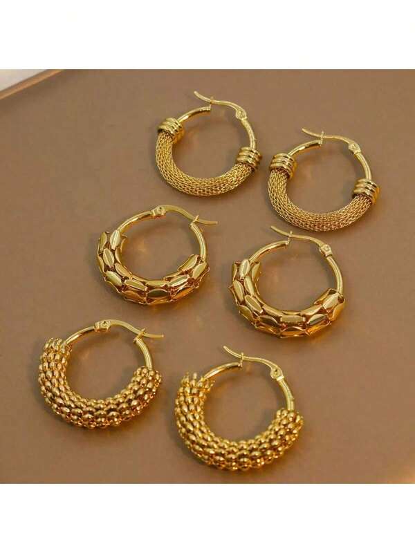 6pcs Fashionable Bestselling Mesh Wrapped Hoop Earrings, New Chinese Style Stainless Steel Woven Circle Earrings, Elegant
