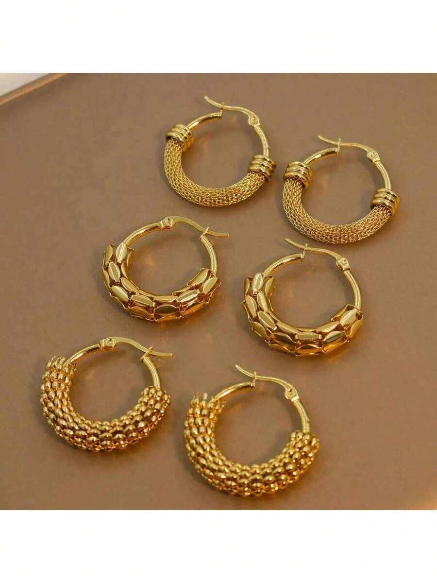 6pcs Fashionable Bestselling Mesh Wrapped Hoop Earrings, New Chinese Style Stainless Steel Woven Circle Earrings, Elegant
