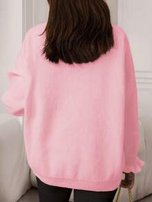 Suéter de punto casual elegante de cuello en V talla grande para mujer, color rosa - Rosa - Ver 3