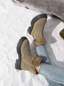 Damen Mode Stiefel, warme, rutschfeste Nieten Mittelschaft Schwarz/Braun Knöchel Stiefel, Schnürstiefel mit flachem Absatz, Damen Schneestiefel für den Winter - Khaki - Übersicht 5