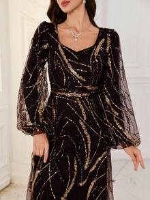 [随机剪裁] UNITHORSE 女士甜心领口灯笼袖修身长款晚礼服 - 黑色 - 查看 6