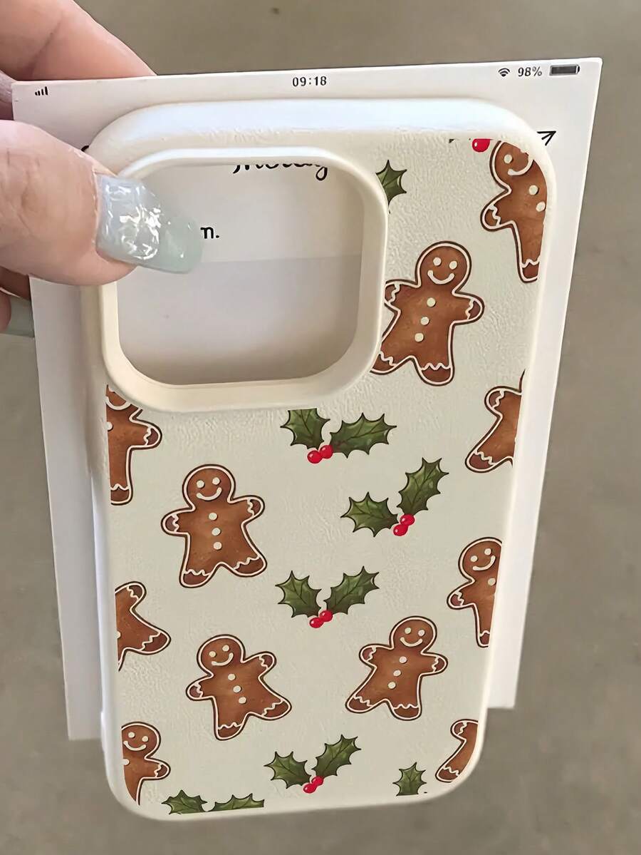 1pc White Leaf Gingerbread Man Pattern Full Coverage TPU Shockproof Phone Case, Compatible With Apple 16, 15, 14, 13, 12, 11 Pro Max, Series