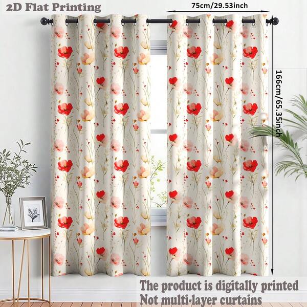 ستارتان مطبوعتان بنقشة زهرية من البوليستر، خلفية حمراء وبيضاء، تصميم مثقوب، مناسبة للمنازل المؤجرة والغرف المعيشية والمطبخ والنوم، قابلة للإزالة والغسل في الغسالة، ستائر نوافذ صغيرة