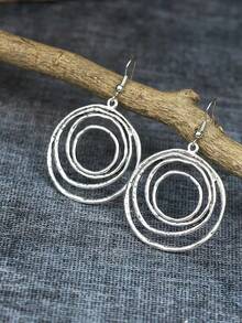 1pair Vintage Silver Color Layered Circle Drop Earrings Women - Antique Silver - View 2
