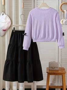 少女服装，时尚可爱精致蝴蝶结上衣搭配半身裙套装，休闲优雅时尚 - 适合春秋季穿着。 - 紫色 - 查看 2