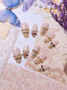 10 Handmade Almond-Shaped Press-On Nails: Gold 3D Lines, Mirror Powder & Crystal Chain Accents – High-End, Sexy & Luxe