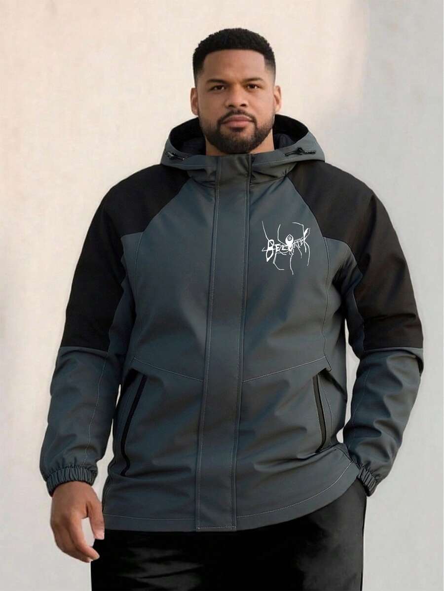 New Plus Size Men's Contrast Color Raglan Sleeve Hooded Jacket, Spring/Autumn - Dark Green - View 1