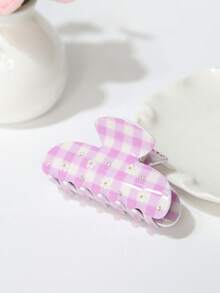 1pc Plaid Rhinestone Hair Claw Clip, Fresh Sweet Girly Floral Plaid Blue & Pink Stylish Hair Claw Hair Accessory, Minimalist Retro Vibe Hair Clip Winter Hair Clutch