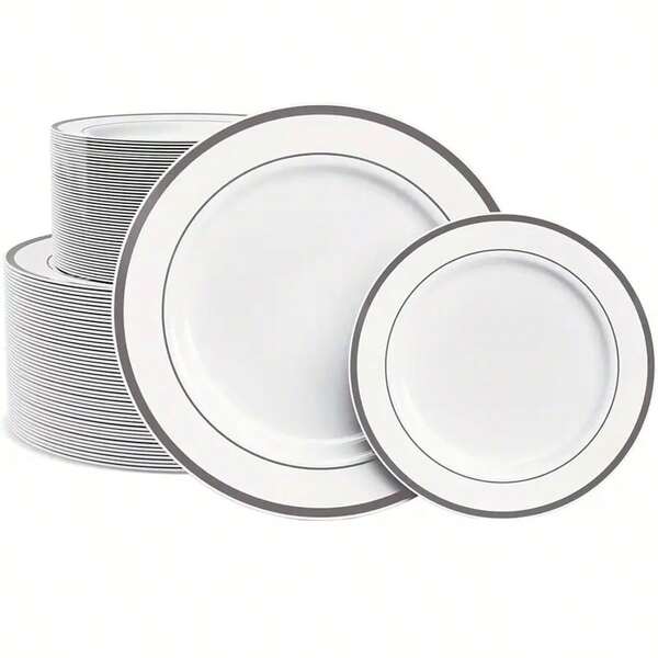 2/5/10/20/25/50 piezas Platos con borde plateado - 7.5 Pulgadas/10.25 Pulgadas Platos reutilizables y lavables, adecuados para comidas al aire libre, barbacoas, comidas occidentales, reuniones familiares, actividades de equipo, restaurantes, cocinas, fiestas de bodas, etc.
