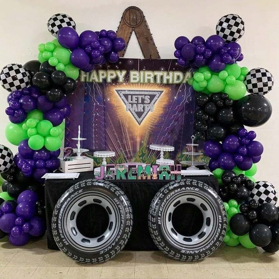118pcs Monster Truck Theme Purple And Green Black Balloon Garland Arch Kit With Big Wheels Checkered Foil Balloons For Kids Truck Race Car Birthday Jam Party Decorations Monster Truck Party Supplies - Multicolor - View 1
