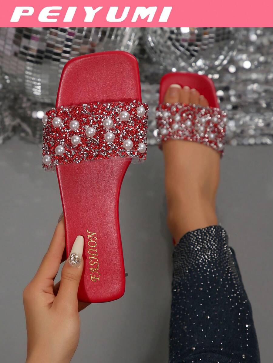 PEIYUMI Sandales d'été confortables à talon bas épais, décorées de perles et de strass, pour femmes en grande taille. Sandales de plage décontractées