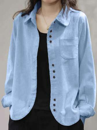 女式灯芯绒纽扣衬衫宽松休闲长袖时尚开衫夹克 2025 秋季超大衬衫上衣带口袋