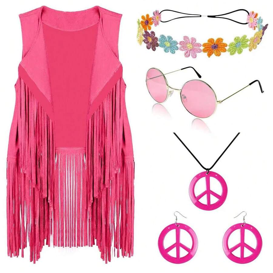 5pcs/Set Retro 60s Hippie Party Costume, Solid Color Fringe Vest, Glasses, Necklace, Earrings, Fun Cosplay Medieval Renaissance Masquerade Party Magic Outfit, Unisex Vintage Casual