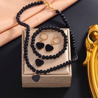 Boho Vacation Style 4pcs Jewelry Set For Women - Resin Mosaic Heart Pendant Necklace, Bracelet, Earrings - Alloy Construction, Daily & Holiday Accessories - All-Season Compatible Gift Set