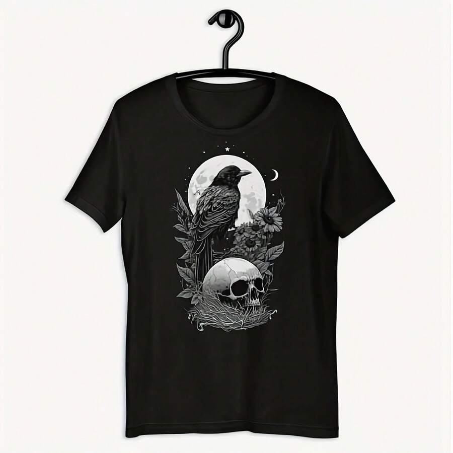 Crow Tshirt With Skull & Full Moon, Witchy Clothing, Goth Shirt, Gothic Clothes - 款式8 - 查看 1