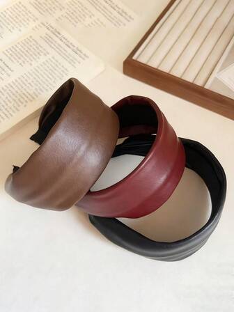 1件复古法式纯色宽版真皮发箍，高品质休闲PU皮发圈，女士发带