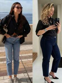 Plus Size Women's Button Down Shirts Long Sleeve Cotton Tops Casual Collared Blouses Loose Fit Solid Color Fall / Spring Clothes - Black - View 5