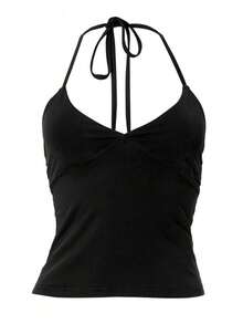 Minimalist Halter Top With V-Neck And Tie At The Neck Summer - 黑色 - 查看 6