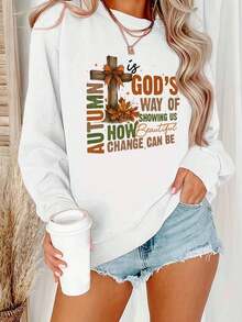 Pull col rond Autumn Cross God's Way, vêtements de sport amples col rond adaptés pour l'automne et l'hiver - Blanc - Voir 1