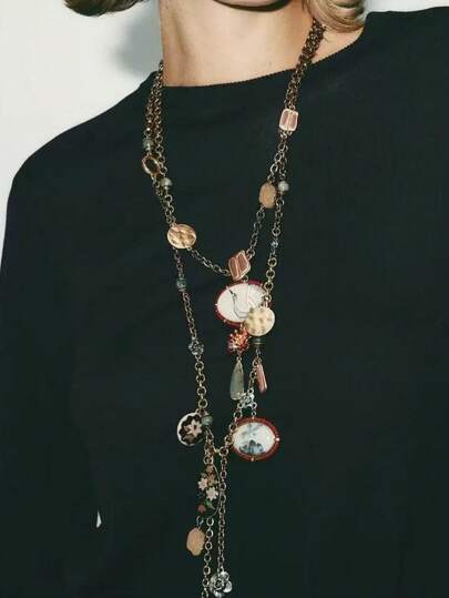 1pc New Style Landscape & Crane Enamel Floral Pendant Double-Layer Necklace For Women