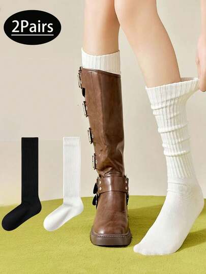 1/2 Pair Women's Warm Thick Calf Compression Socks - Slim Elastic Leg Warmers, Striped Ankle Socks In White/Black, Suitable For Winter, Cold Weather And Daily Wear, Machine Washable, Women's Winter Socks, Fluffy Socks