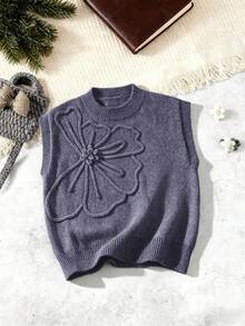 1 pieza Chaleco de punto holgado y elegante con estampado floral de jacquard para niñas y adolescentes, adecuado para uso diario, reuniones y vacaciones en otoño/invierno