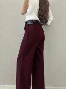 女式简约设计喇叭腿休闲裤，适合通勤、办公室、日常穿着，四季皆宜 - 酒紅色 - 查看 2