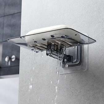 Kristallklar väggmonterad tvålkopp - ingen borrmaskin, självdränerande tvålbricka för badrumsorganisation modern elegans tvålkopp med lock, stor dubbelskiktad dränering, plast badrumsorganisatör, nordisk minimalistisk stil för heminredning