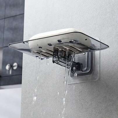 Saboneteira de parede transparente - Sem furadeira, bandeja de sabão com drenagem automática para organização de banheiro Saboneteira moderna e elegante com tampa, drenagem grande de camada dupla, organizador de banheiro de plástico, estilo minimalista nórdico para decoração de casa