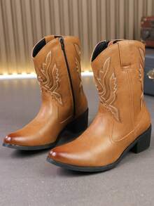 Botas vaqueras de media pantorrilla estilo retro americano occidental para hombres, botas de montar con tacón cuadrado estilizado y bordados